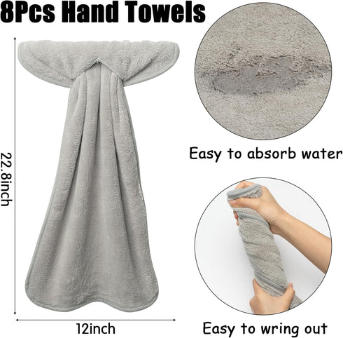 8Pcs R HORSE Hanging Hand Towel with Loop, Grey Absorbent Coral Fleece Bathroom Hand Towel, Soft Thick Dish Cloth