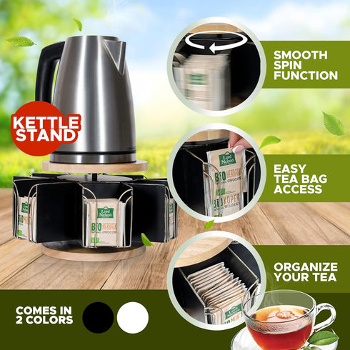 Countertop Made Easy Kit Metal Carousel Tea Bag Organizer & Kettle Stand Caddy- Modern Storage Solution for Tea Bags