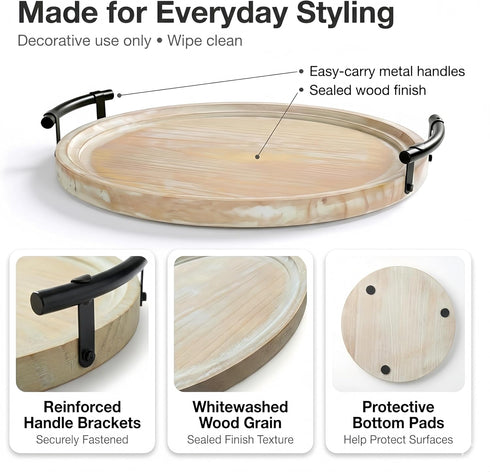 13" Round Decorative Wood Tray with Handles, Whitewashed Farmhouse Coffee Table Decor for Living Room, Entryway