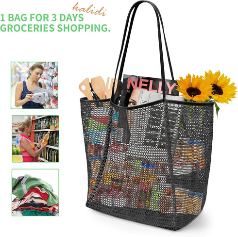 KALIDI Beach Mesh Tote Bag, Casual Hobo Tote Bag for Women, Foldable MAX 23L Shoulder Bag for Beach Picnic