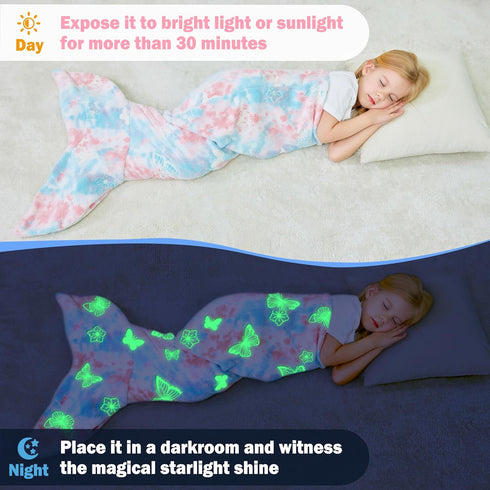 Viviland Kids Mermaid Tail Blanket, Glow in The Dark Flannel Mermaid Blanket Gifts for Girls, Luminous Star Tie Dye