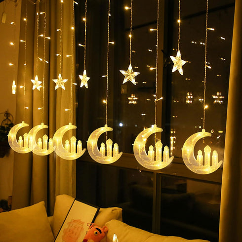 138 8 Dazzle Bright Moon Star and Fairy Tale Castle String Lights, LED Muslim Curtain Fairy String Lights, Lighting