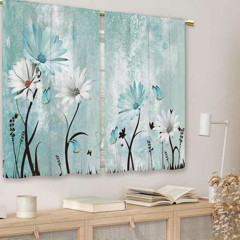 Farmhouse Flower Kitchen Curtains, Teal Rustic Daisy Floral Short Cafe Window Drapes, Vintage Turquoise Rod Pocket