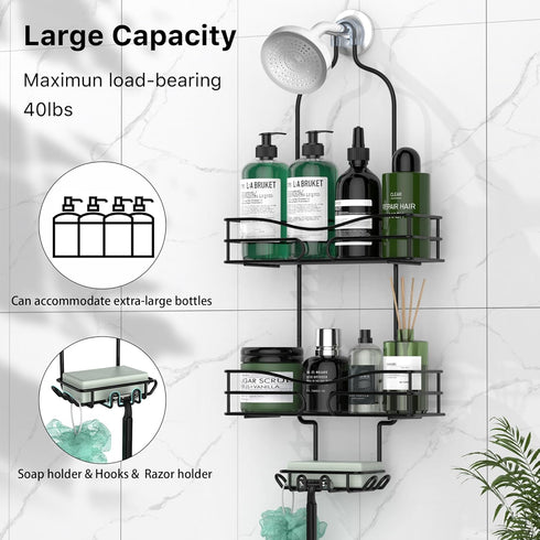 Bathroom Shower Caddy Hanging - Shower Organizer Hanging 3-Tier with Soap Holder & 6 Hooks for Towels, Sponge, Shower Caddy over Shower Head Fits 21mm Shower Head Arm, Black by DAOYA