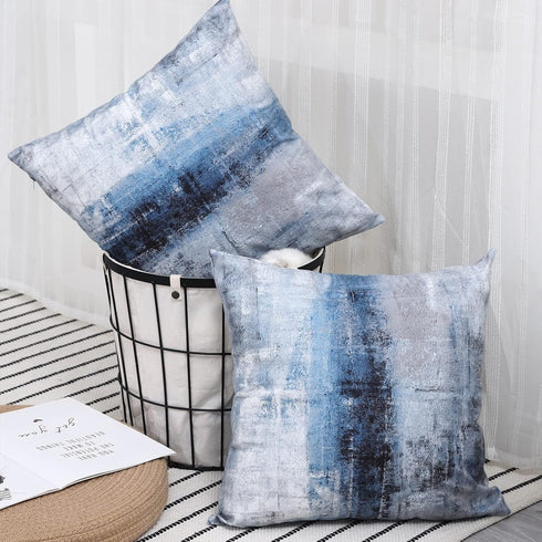 Set of 2 Blue and Grey Abstract Art Pillow Covers, 18 x 18 Inch Decorative Throw Pillows for Living Room Bedroom Sofa