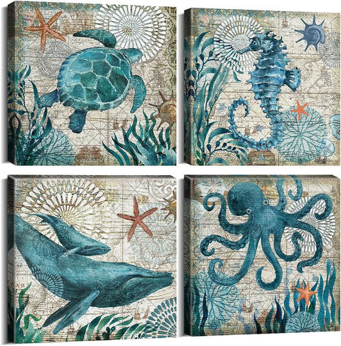 Bathroom Wall Art Beach Decor – Ocean Sea Turtle Octopus Canvas Pictures, Teal Bathroom Accessories, Nautical Painting