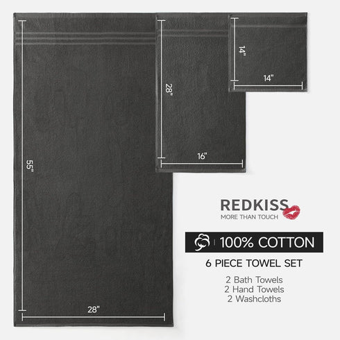 Set 6 Sets 2 2 2 650GSM REDKISS Dark Gray Towels Piece Cotton Towel with Bath Towels, Hand, Washcloths, Hotel Quality