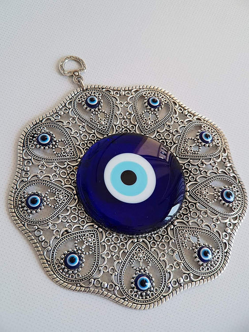 Turkish Glass Blue Evil Eye Wall Hanging Ornament - Metal Home Decor Amulet for Protection and Good Luck Gift