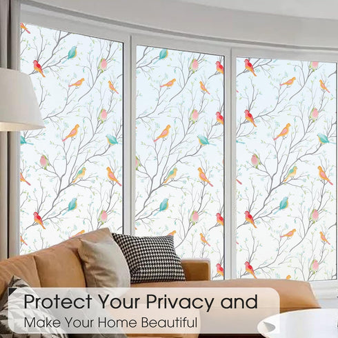 Coavas Window Privacy Film - Decorative Bird Stained Glass Window Film for Bathroom, Frosted Glass Cling - 17.5" x 78.7"