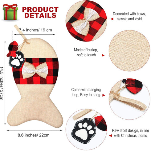 Skylety 2 Pieces Pet Christmas Stockings, Buffalo Plaid Burlap, 15 Inch Large Fish Shaped Bow for Xmas Tree