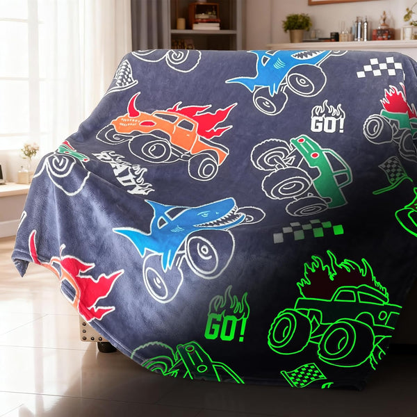 COMFAR Glow in The Dark Monster Truck Blanket for Boys/Girls/Kids/Toddler/Baby, Monster Truck Toys