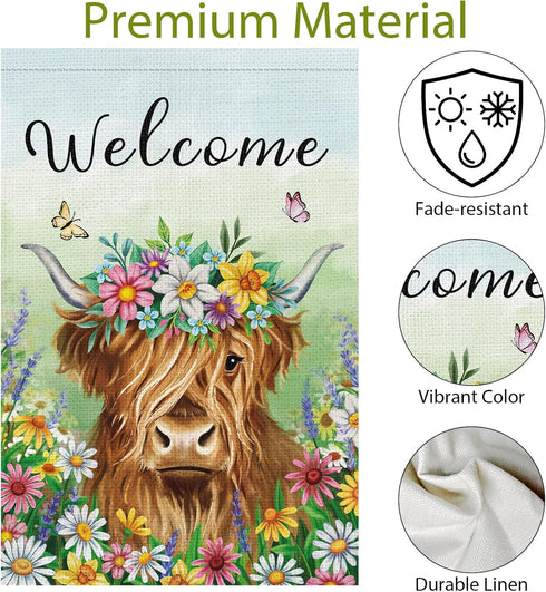 Welcome Spring Garden Flag 12x18 Inch Burlap Double Sided Vertical Highland Cow Farmhouse Outdoor Decor
