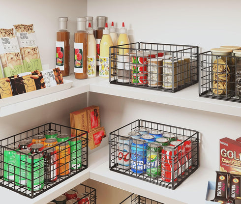 X-cosrack Foldable Metal Wire Basket, 6 Pack Pantry Organizer with Handles, 12"x9"X6", Food Storage Bins for Kitchen,