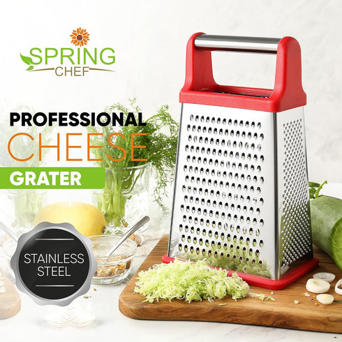 Spring Chef Professional Cheese Grater - XL Stainless Steel 4 Sided Box Grater for Kitchen, Perfect for Parmesan,