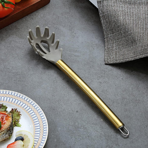 Gold Spaghetti Spoon, Berglander Non-stick Silicone Pasta Server with Titanium Gold Plating Handle