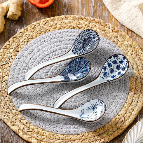 Soup Spoons Set of 8, Long Handle Ceramic Ramen Spoons for Dumpling, Pho, Noodles, Dishwasher Safe