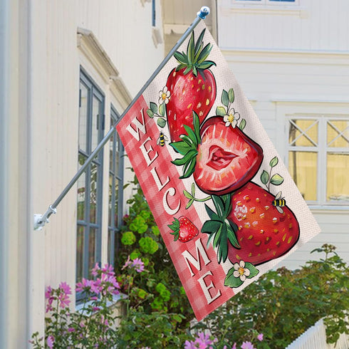 Welcome Spring Summer Strawberry Decorative House Flag, 28 x 40; Red Fruit Plaid Check Farmhouse Garden Yard Outside