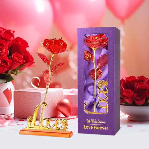Childom Birthday Gifts for Women, Christmas Red Rose with Love Stand for Mom, Sweet Artificial Flower