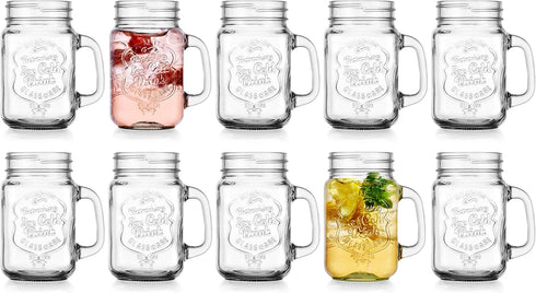 Set 10 16 Oz. Glaver's of Ice Cold Mason Drinking Glasses With Handles. Quality Refreshing Ice Cold Embossed Logo Jars