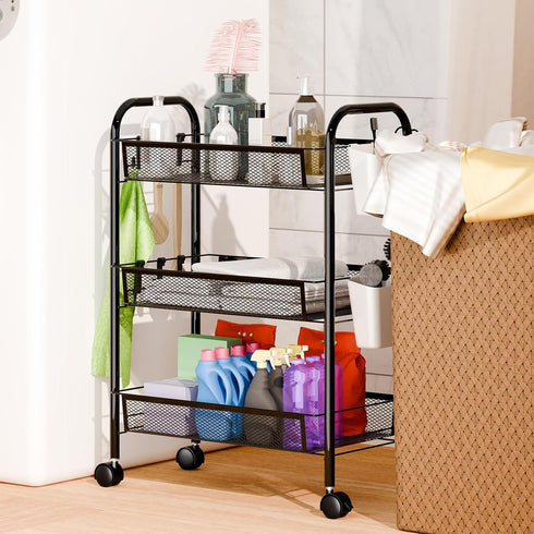 5 360 41 Inch 3-Layers) Fruit Vegetable Basket Storage Cart Tier Stackable Metal Mesh Basket with Degree Wheels High