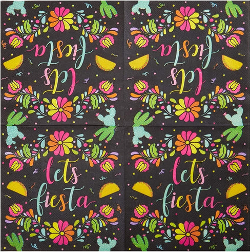 Sparkle and Bash 100 Pack Let's Fiesta Party Napkins (Black, 6.5 In) - Kids Birthday & Cinco de Mayo Decorations