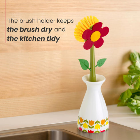 Vigar Flower Power Dish Brush with Vase Brush Holder, Dish Brush with Handle for Pot Scrubber, Dishes, Sink