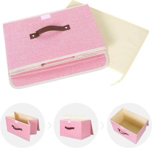 ANMINY Storage Bin with Lid, Decorative Foldable Lidded Cotton Linen Fabric Home Cubes Baskets Closet Organizer - Pink,