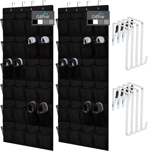 HOME GENIE Over the Door Hanging Shoe Organizer, 2 Pack - 24 Breathable Mesh Pockets, Black Closet Rack Storage