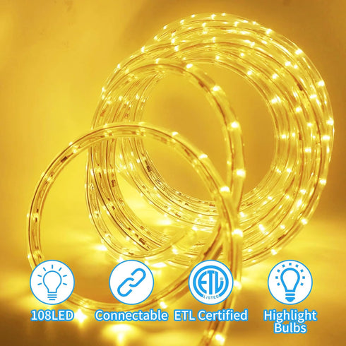 LED Rope Lights Outdoor, 108 LEDs, 16Ft Connectable Flexible Strip Lights, 110V Plug Waterproof for Indoor Tree Patio