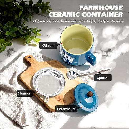 23OZ PGYARD Ceramic Bacon Grease Saver With Strainer - Bacon Grease Container Farmhouse Keeper For Kitchen Fat