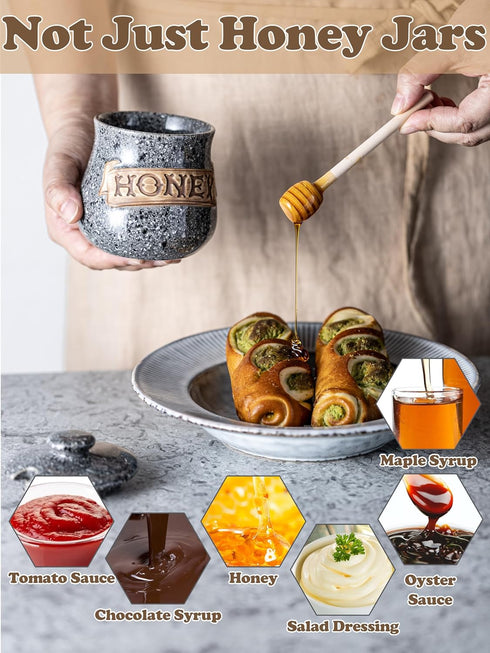 12oz Honey Jar, Honey Pot, Honey Dispenser Grey Ceramic Honey Jar with Wood Dipper & Lid Multi-Use for Fruit Syrup/Jam