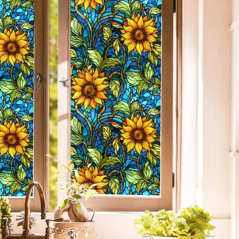 Sunflower Stained Glass Window Film, Non Adhesive Privacy Film for Bathroom Shower Door, Heat Anti UV, 17.7"x39.5"