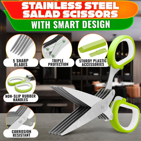 5 5x Herb Scissors with Blades and Cover Stainless Steel Herb Cutter with Ergonomic Handle and Cleaning Brush