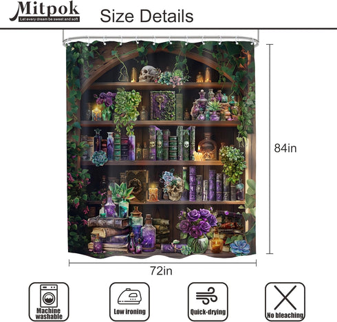 72Wx84H 12 Pack Extra Long Gothic Skull Shower Curtain Black Spooky Witchy Bookshelf Wizard Vintage Succulent Unique