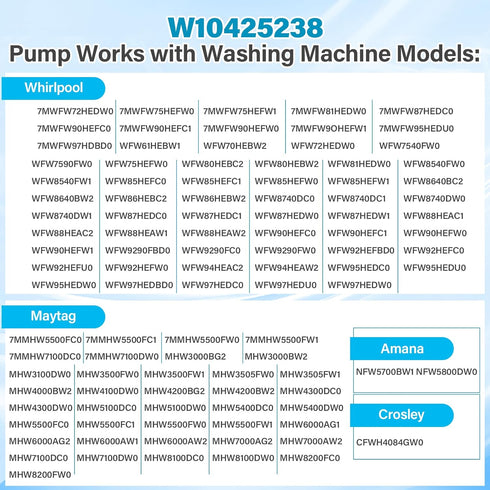W10425238, W10605427 Washer Drain Pump Compatible with Whirlpool, Maytag, Amana, Replacement Part for Washing Machine