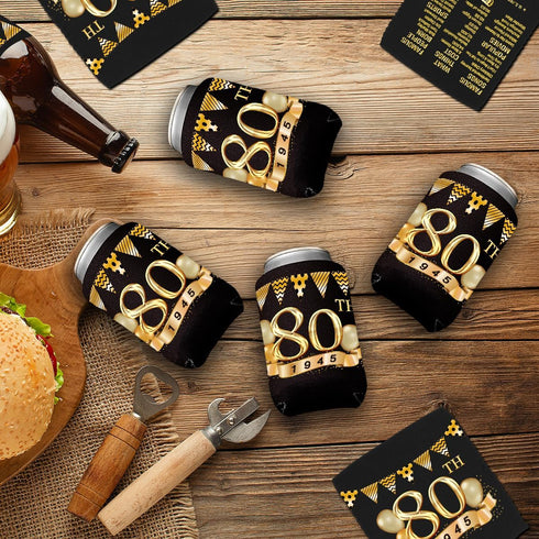 80th Birthday Decorations for Men & Women, 12-Pack Black & Gold Party Supplies, Beverage Can Cooler Sleeves