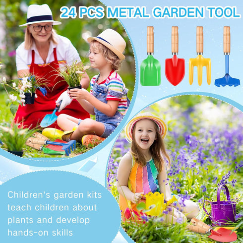 Motionchic 8" Gardening(24 Kids Gardening Tools, Metal Beach Sandbox Digging Toys with Wooden Handle, Including Shovel