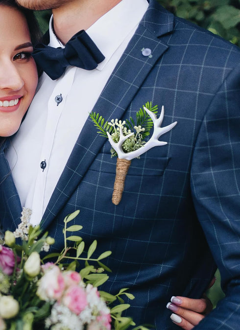 Woodland Boutonniere Set for Men - 2PC Handmade Greenery Corsage, White Antler for Wedding, Groomsmen, Formal Events