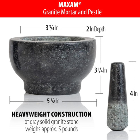 Set 5 Inch Maxam Mortar and Pestle - - Heavy Natural Granite Spice Grinder Bowl, Herb Crusher, Make Fresh Guacamole at
