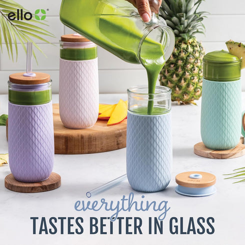 Ello Devon 18oz Glass Tumbler with Straw, Bamboo Wood Lid and Silicone Sleeve, Perfect for Iced Coffee
