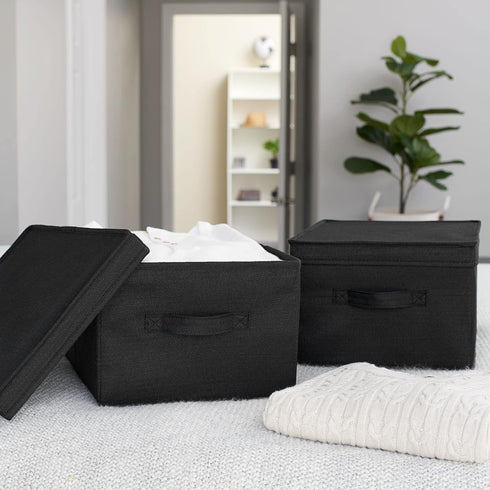 Household Essentials Large Fabric Storage Box With Lid Box, Black, Set of 2
