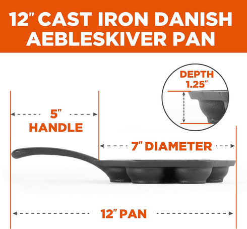 Commercial CHEF Cast Iron Danish Aebleskiver Pan, Preseasoned Cast Iron Cookware for Pancake Puffs, Makes 7 Pancake Balls by Commercial CHEF