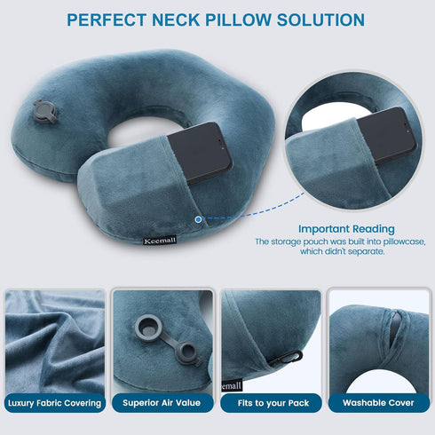 Inflatable Travel Neck Pillow - Washable U Shaped Pillowcase for Airplane, Train, Car, Office Napping