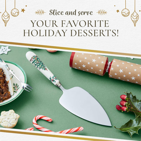 Christmas Tree Cake Server Portmeirion, 10-Inch Stainless Steel Cake Knife with Fine Porcelain Handle, Holiday Dessert