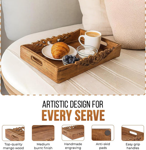 16x12x2.5 Countertop Mela Artisans Orchid Design Wooden Decorative Tray with Handles | Mango Wood Ottoman Tray |