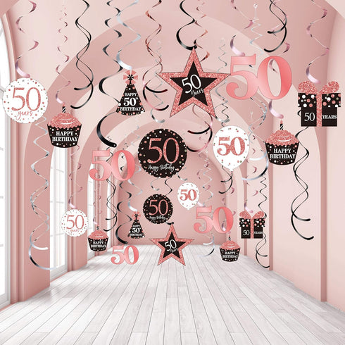 Blulu 50th Birthday Decorations for Women, 30 Count Rose Gold Happy 50th Birthday Hanging Swirls Party Supplies