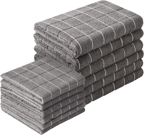 Set of 12 Microfiber Kitchen Towels and Dishcloths, 26 x 18 Inch and 12 x 12 Inch, Lint Free Grey Dish Towels