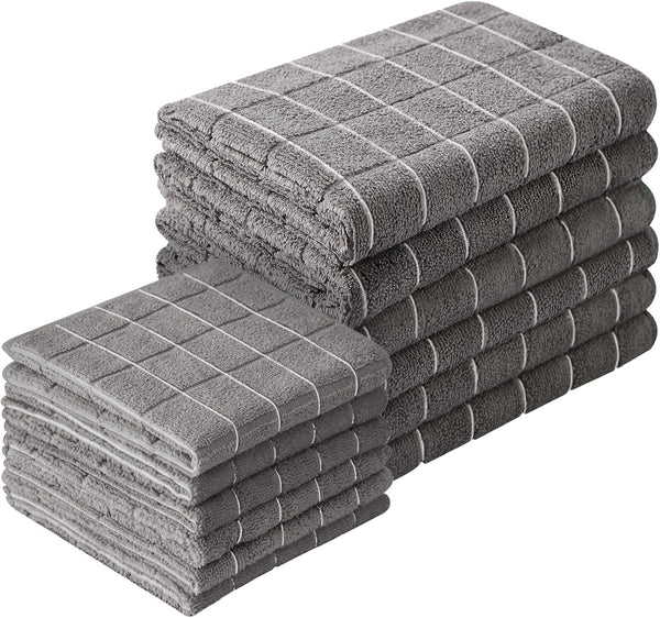 Set of 12 Microfiber Kitchen Towels and Dishcloths, 26 x 18 Inch and 12 x 12 Inch, Lint Free Grey Dish Towels