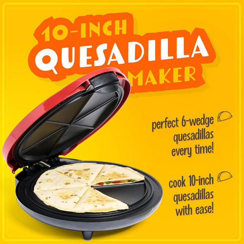 Taco Tuesday Deluxe Electric Quesadilla Maker, 10-inch 6-Wedge with Extra Stuffing Latch, Red