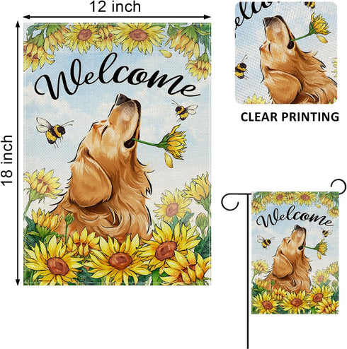 Welcome Spring Summer Golden Retriever Dog Garden Flag, Pet Sunflowers Bee Decorations, 12x18 Double Sided